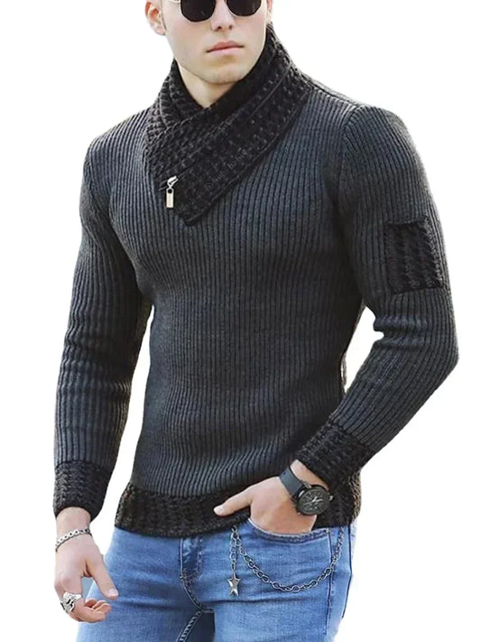 Suéter Masculino Casual Vintage de Lã Tricotada com Gola Alta