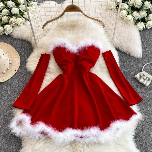 Mini vestido peludo sem alças feminino, Natal, ano novo, 2024