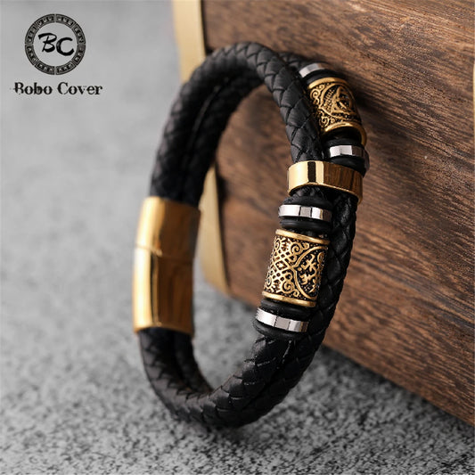 Pulseiras estilo punk viking em pele genuína entrançada