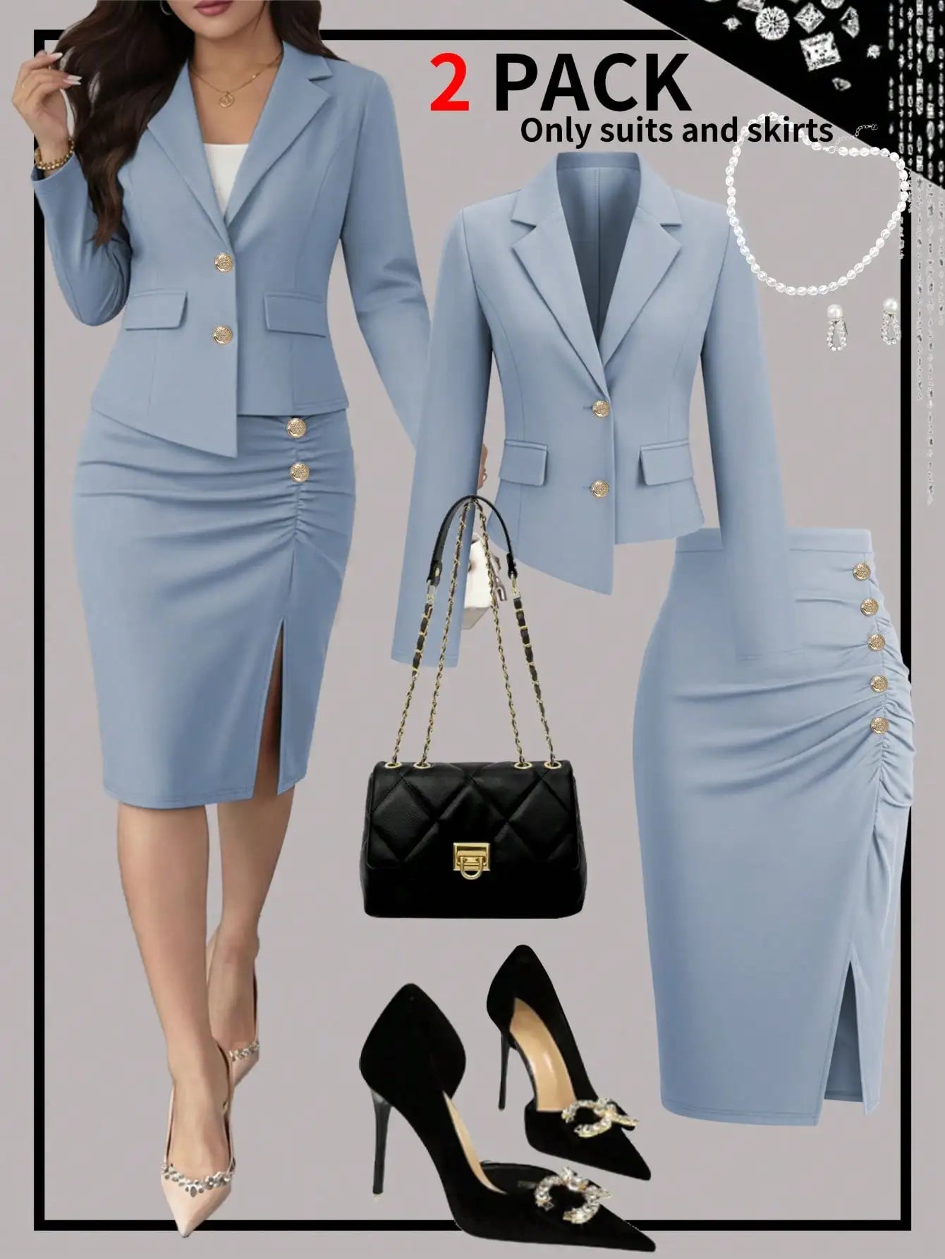 Conjunto elegante de duas peças feminino: blazer acinturado e saia com fenda