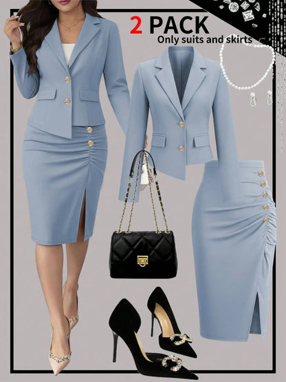 Conjunto elegante de duas peças feminino: blazer acinturado e saia com fenda