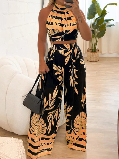 Conjunto com top de alças sem costas, pantalona de cintura alta