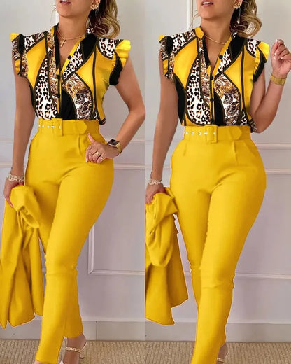 Conjunto primavera/verão com blusa sem mangas estampada com folha de lótus