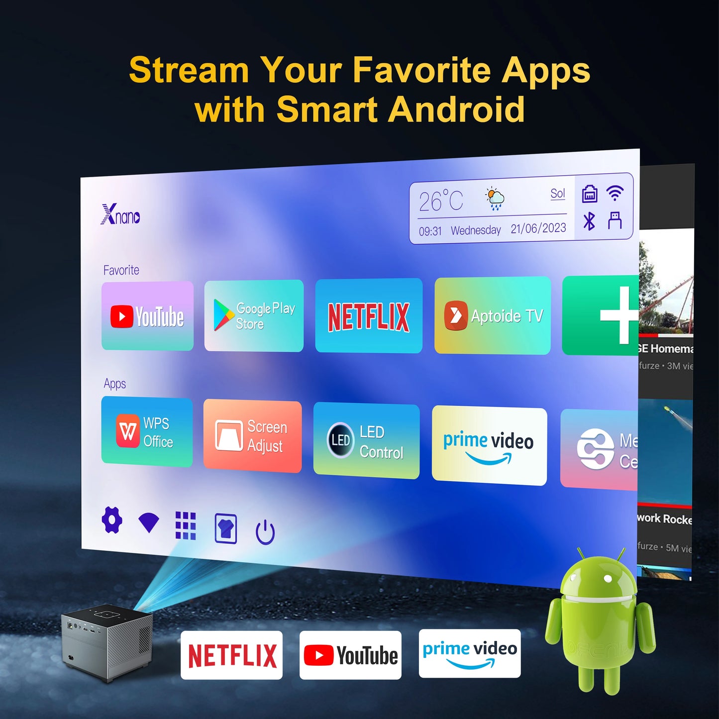 Projetor portátil Wi-Fi Bluetooth led inteligente