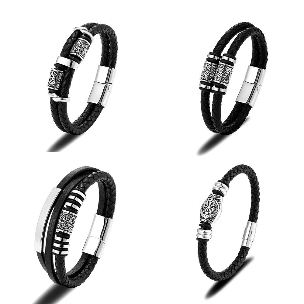 Pulseiras estilo punk viking em pele genuína entrançada
