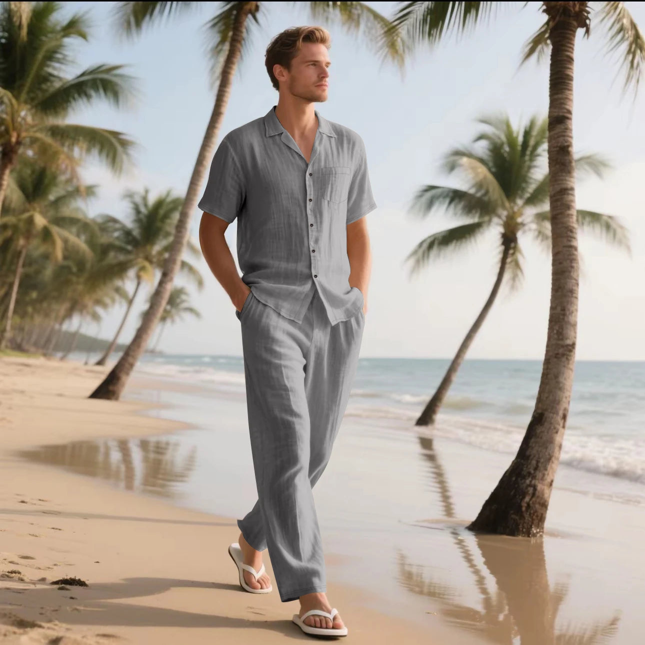 Conjunto masculino casual de camisa e calça de linho