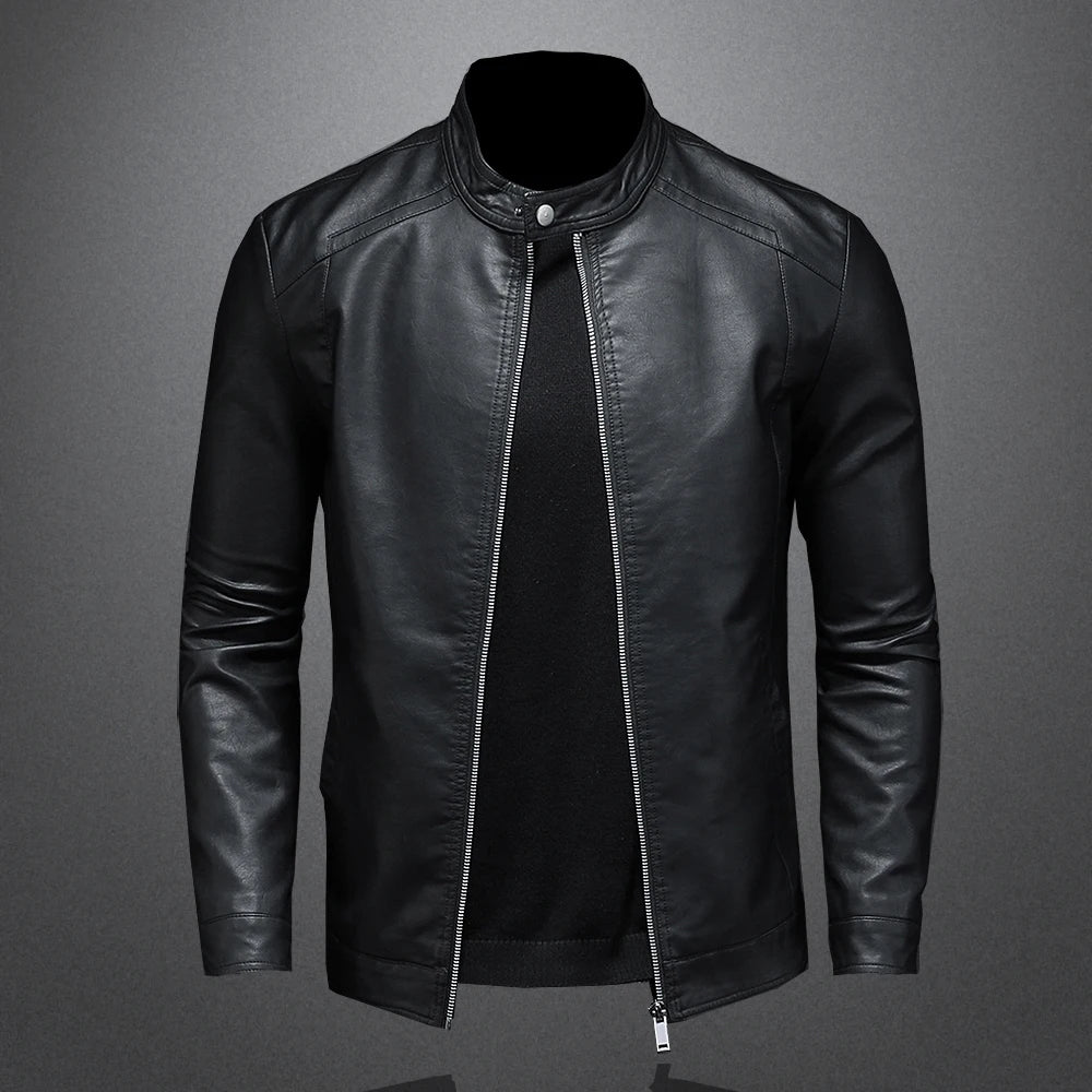 Jaqueta de couro masculina para primavera/outono com gola slim
