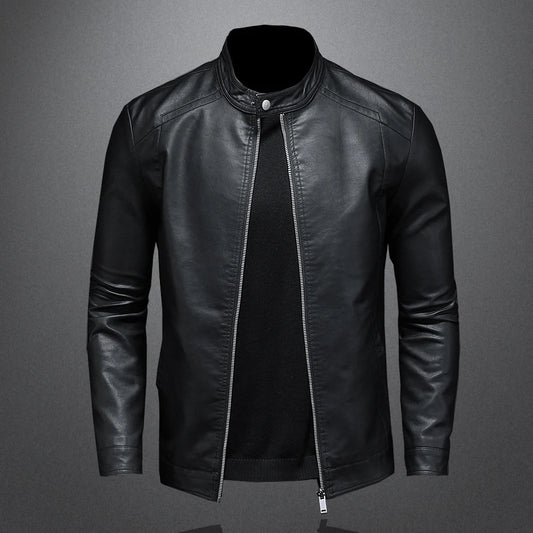 Jaqueta de couro masculina para primavera/outono com gola slim