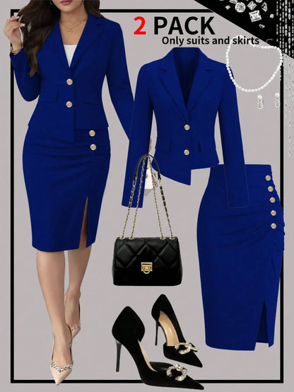 Conjunto elegante de duas peças feminino: blazer acinturado e saia com fenda