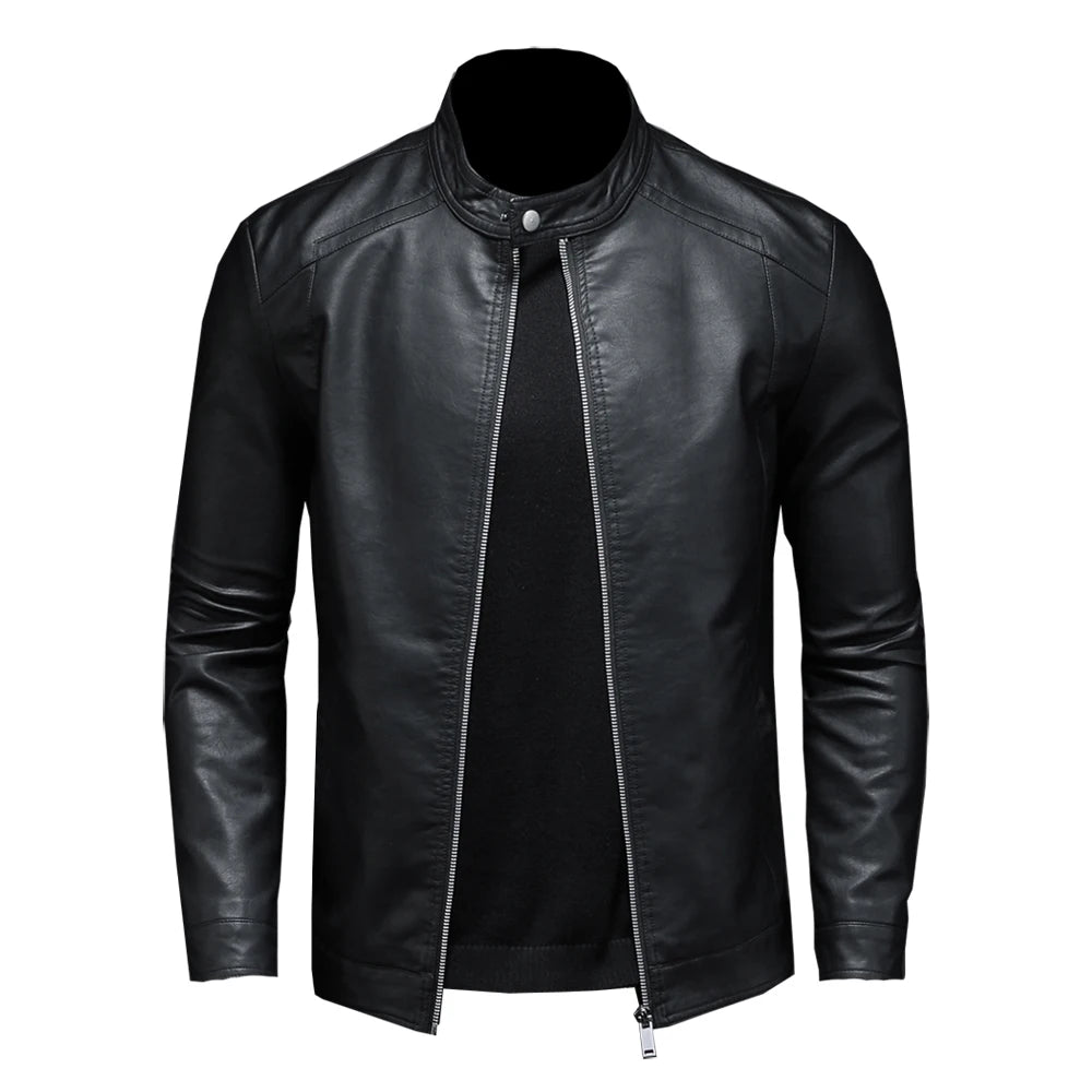 Jaqueta de couro masculina para primavera/outono com gola slim
