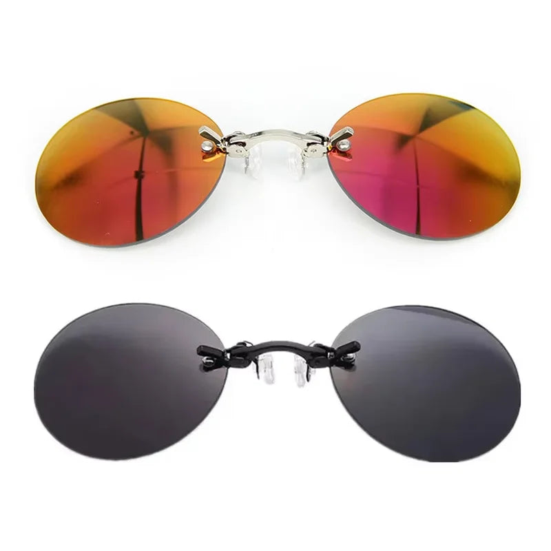 Óculos de Sol Masculinos Vintage Redondos Sem Aro com Clipe Nasal