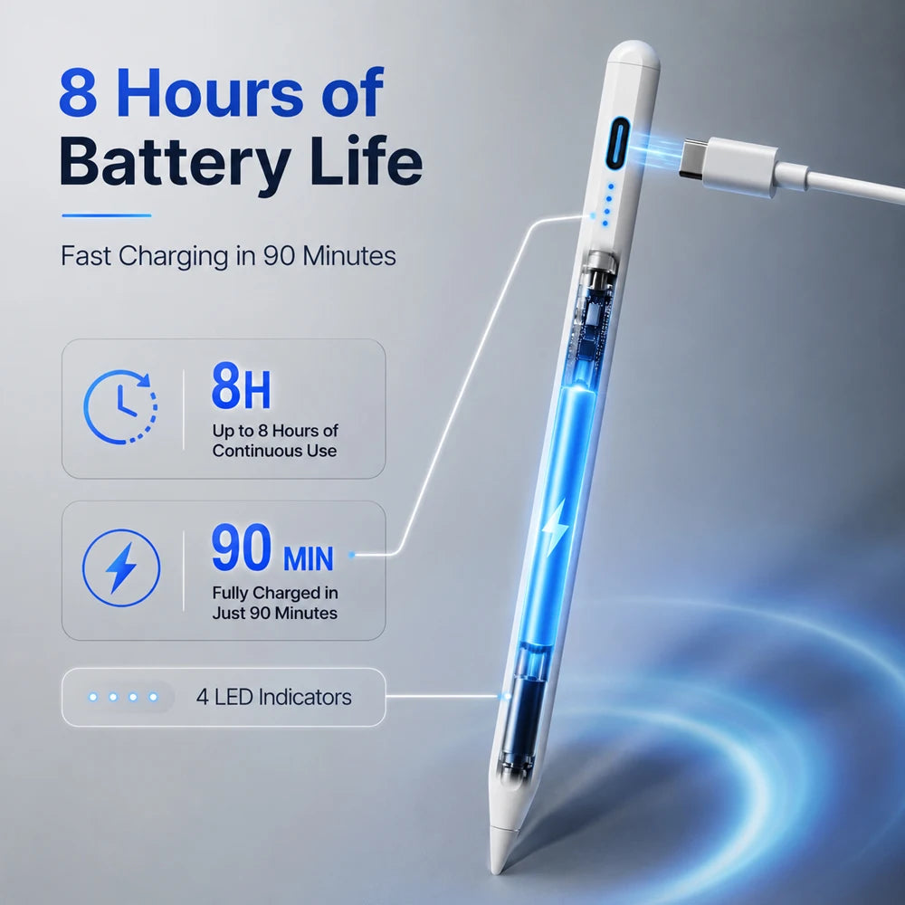 Caneta Stylus Magnética Universal QUKAM — 4 LEDs, USB-C, Sem Bluetooth e 2 Pontas