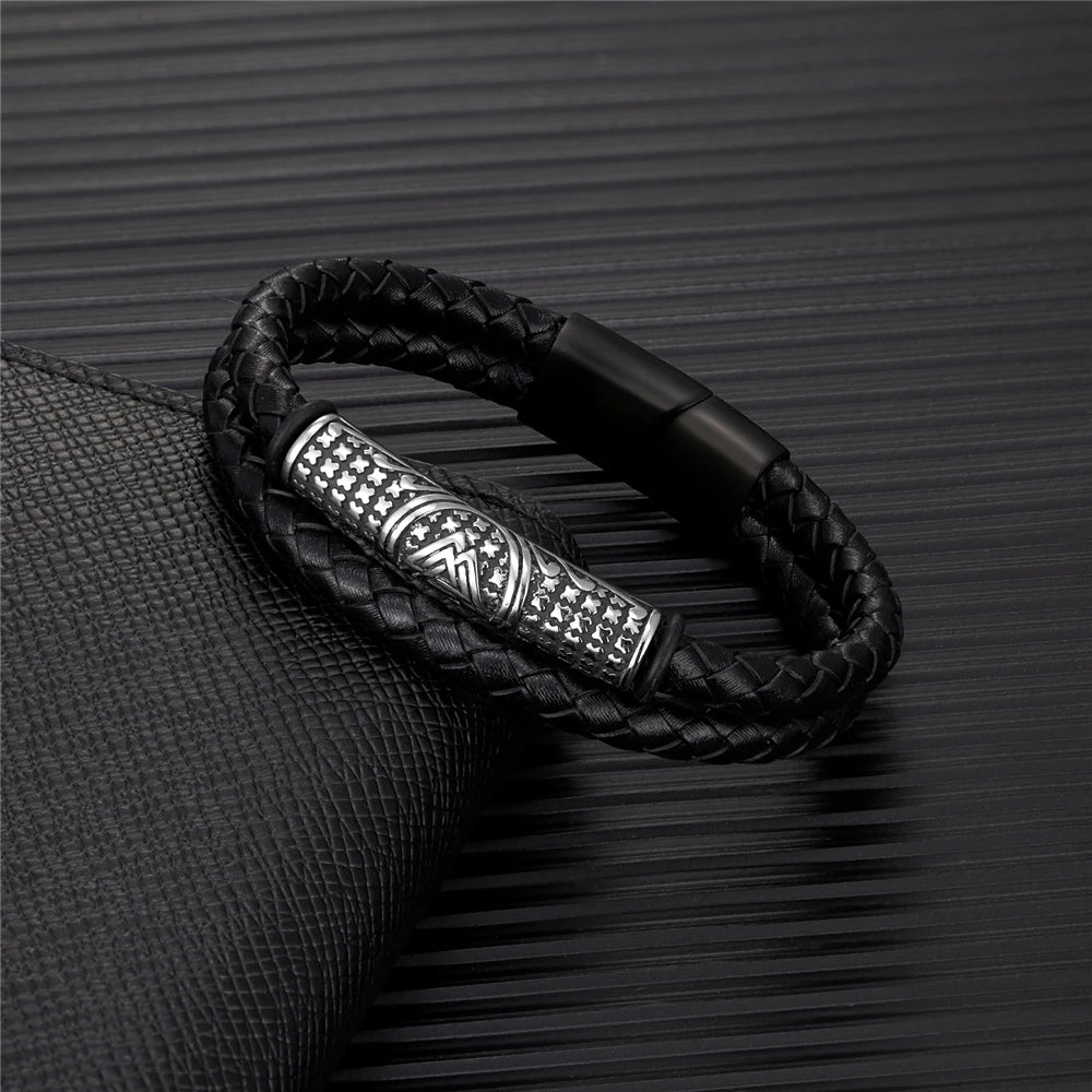 Pulseiras estilo punk viking em pele genuína entrançada