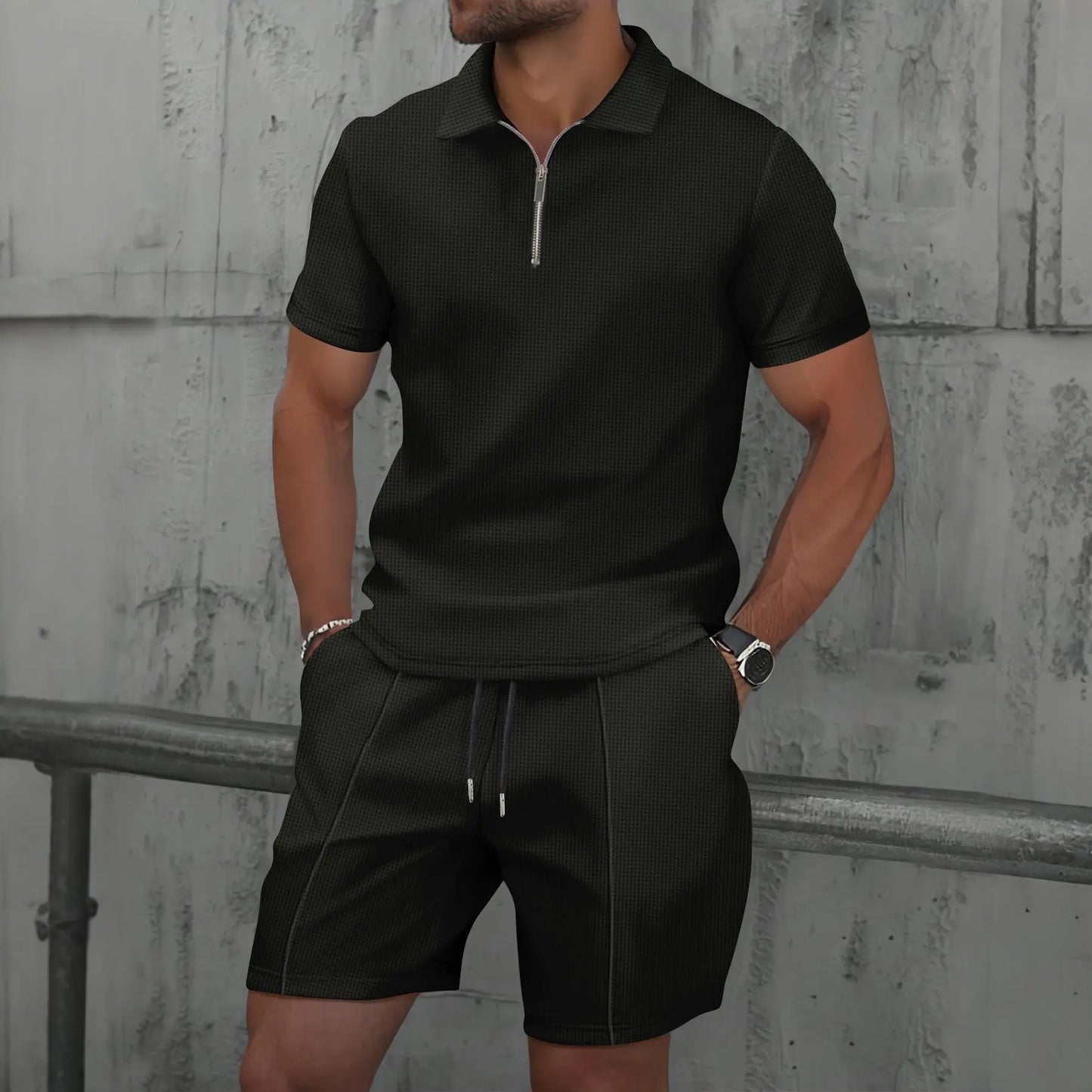 Fato Waffle cor sólida zip-up