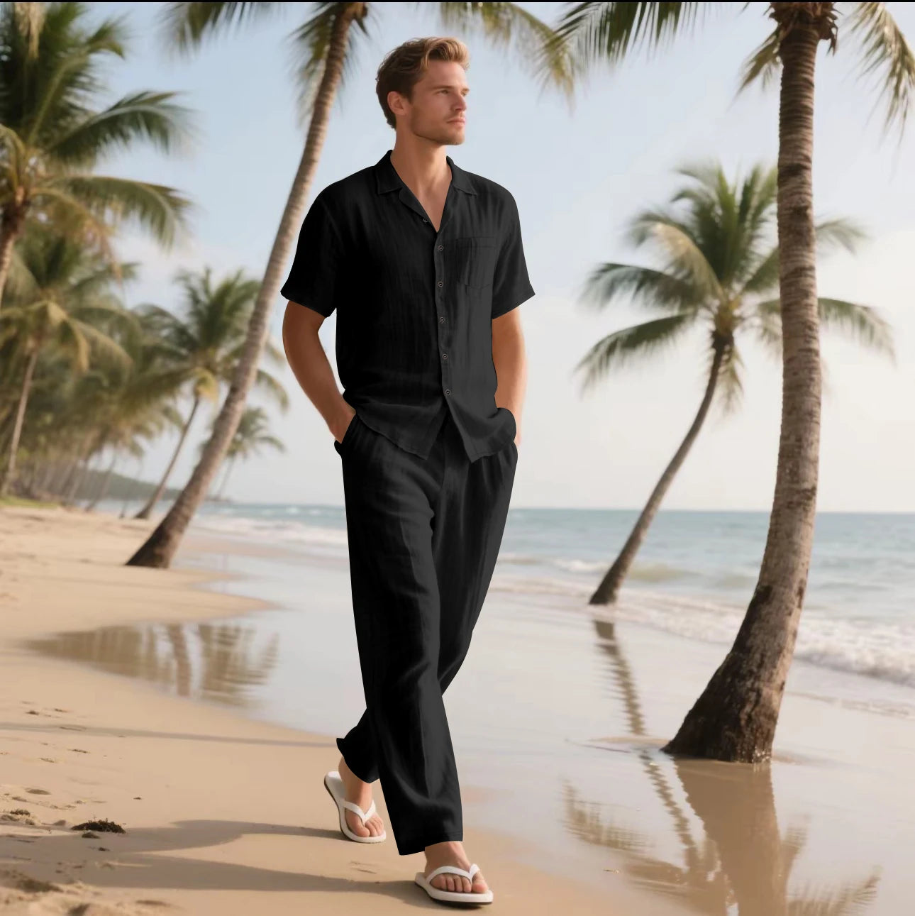 Conjunto masculino casual de camisa e calça de linho