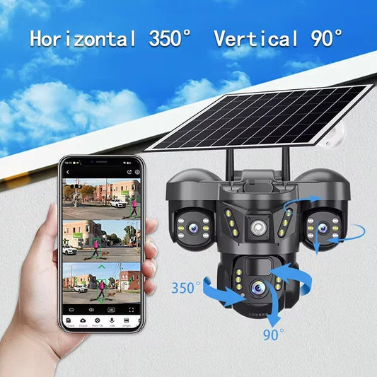 Câmera solar wi-fi sem fio, três lentes