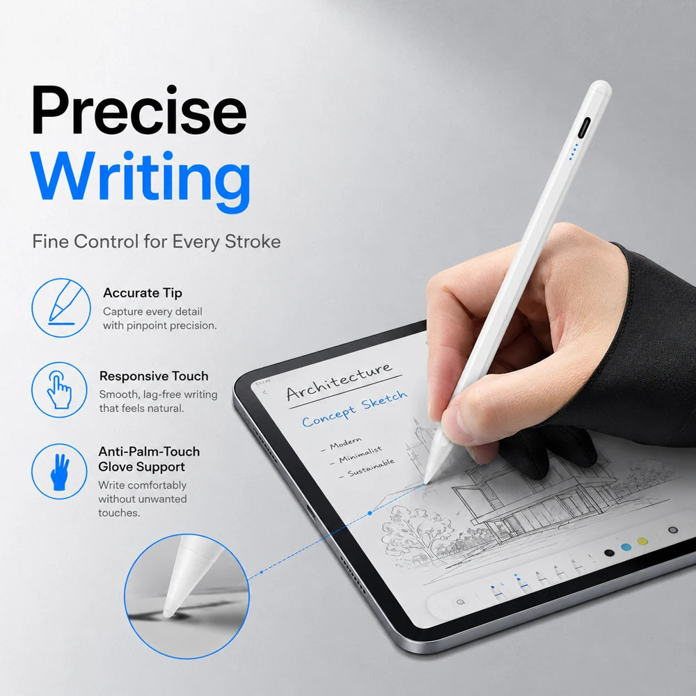 Caneta Stylus Magnética Universal QUKAM — 4 LEDs, USB-C, Sem Bluetooth e 2 Pontas