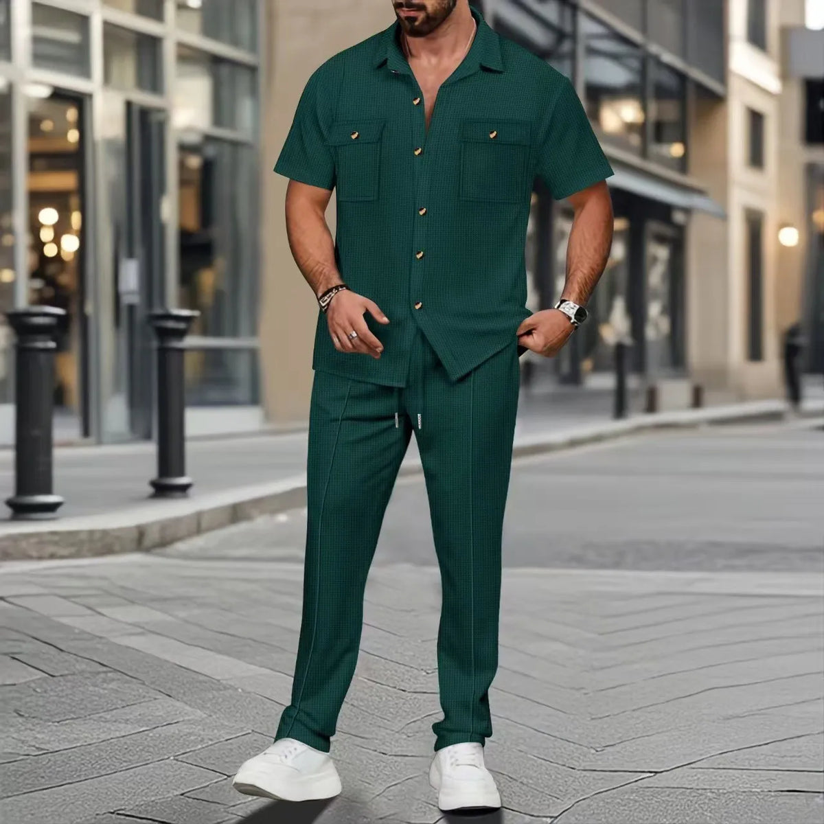 Conjunto Masculino de Verão – Camisa de Botões e Calça Curta