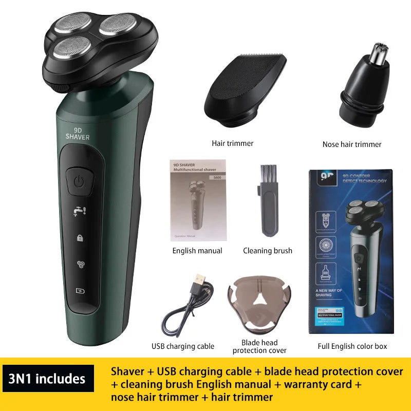 Barbeador Elétrico Masculino 9D Multifuncional – Recarregável e Lavável
