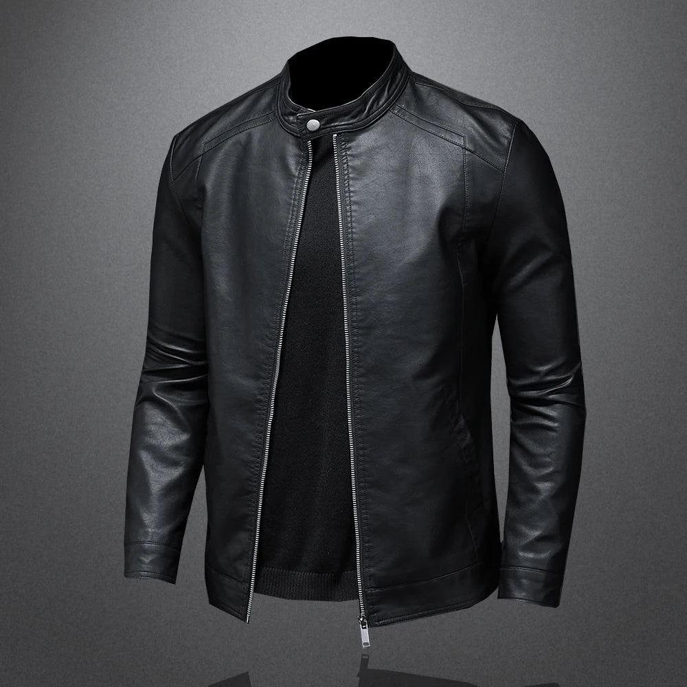 Jaqueta de couro masculina para primavera/outono com gola slim