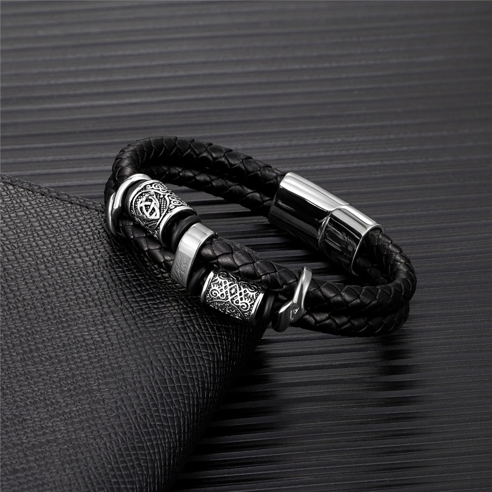 Pulseiras estilo punk viking em pele genuína entrançada