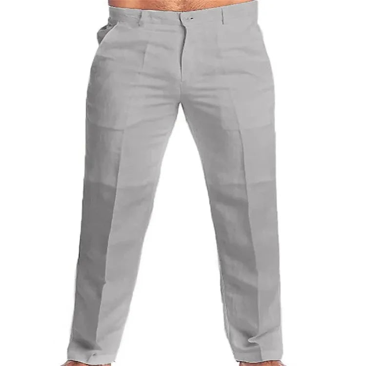 Calça masculina de linho com bolso reto na parte inferior
