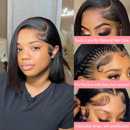 Peruca Bob Curta e Lisa com Densidade de 230% e Lace Front 13x4