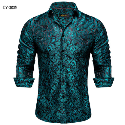 Camisa Masculina Paisley de Manga Longa em Poliéster