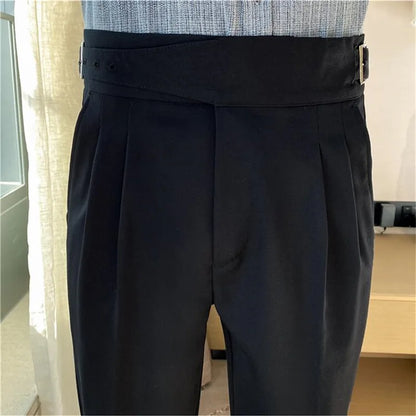Calças sociais masculinas casuais de cintura alta, estilo britânico