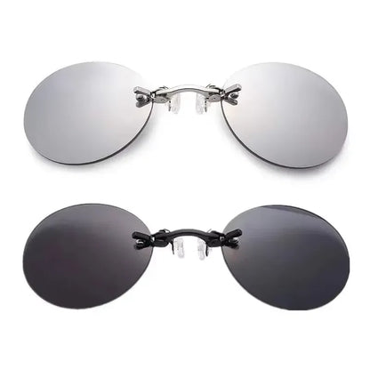 Óculos de Sol Masculinos Vintage Redondos Sem Aro com Clipe Nasal