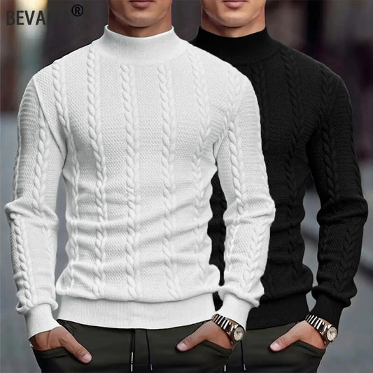 Suéter masculino casual vintage de gola alta em tricô
