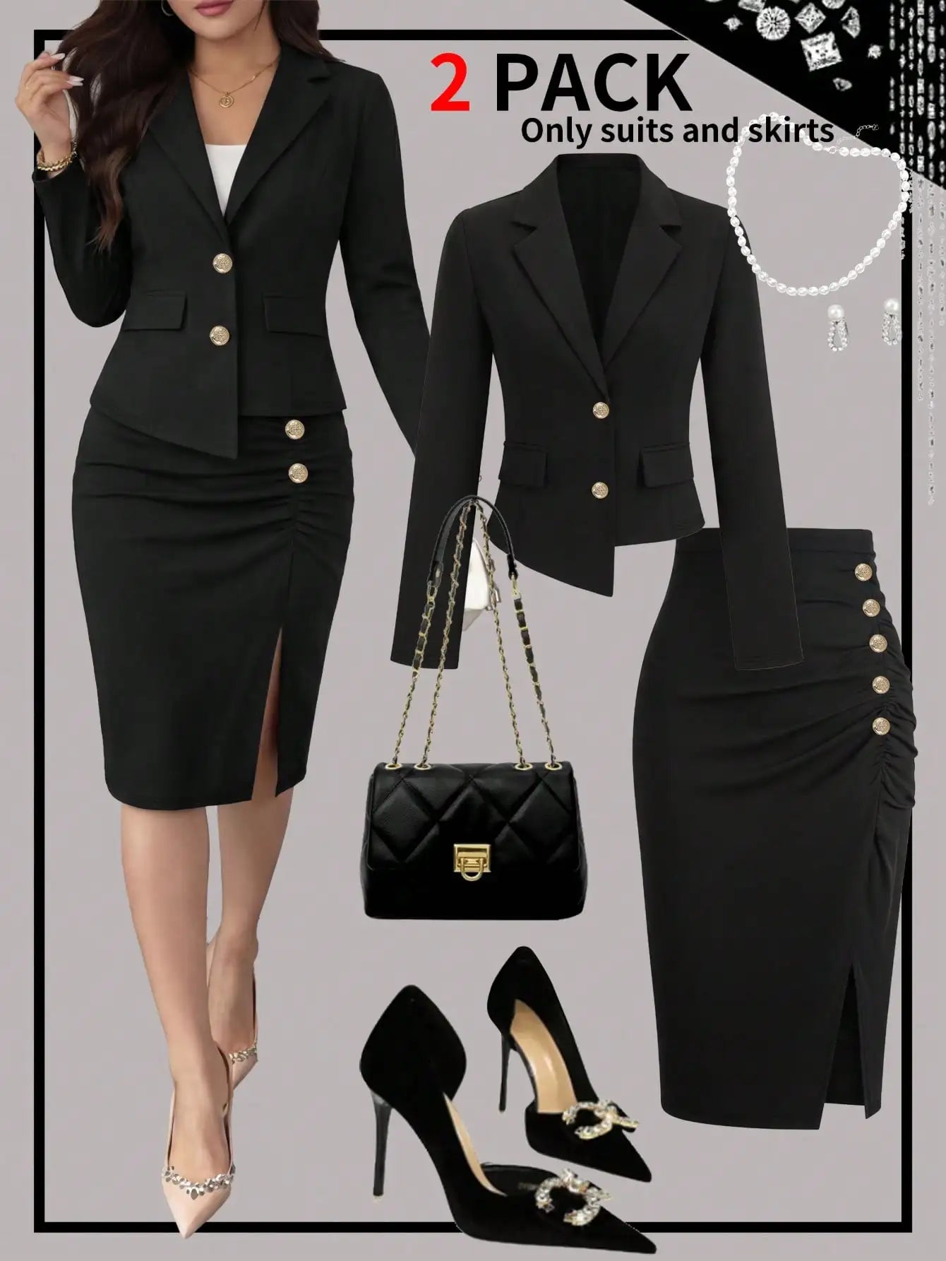 Conjunto elegante de duas peças feminino: blazer acinturado e saia com fenda