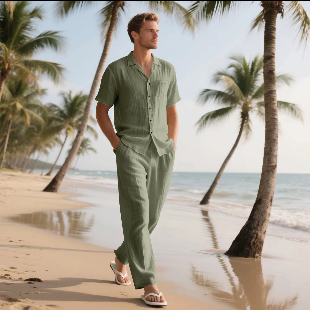 Conjunto masculino casual de camisa e calça de linho