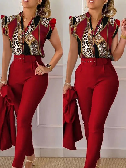 Conjunto primavera/verão com blusa sem mangas estampada com folha de lótus