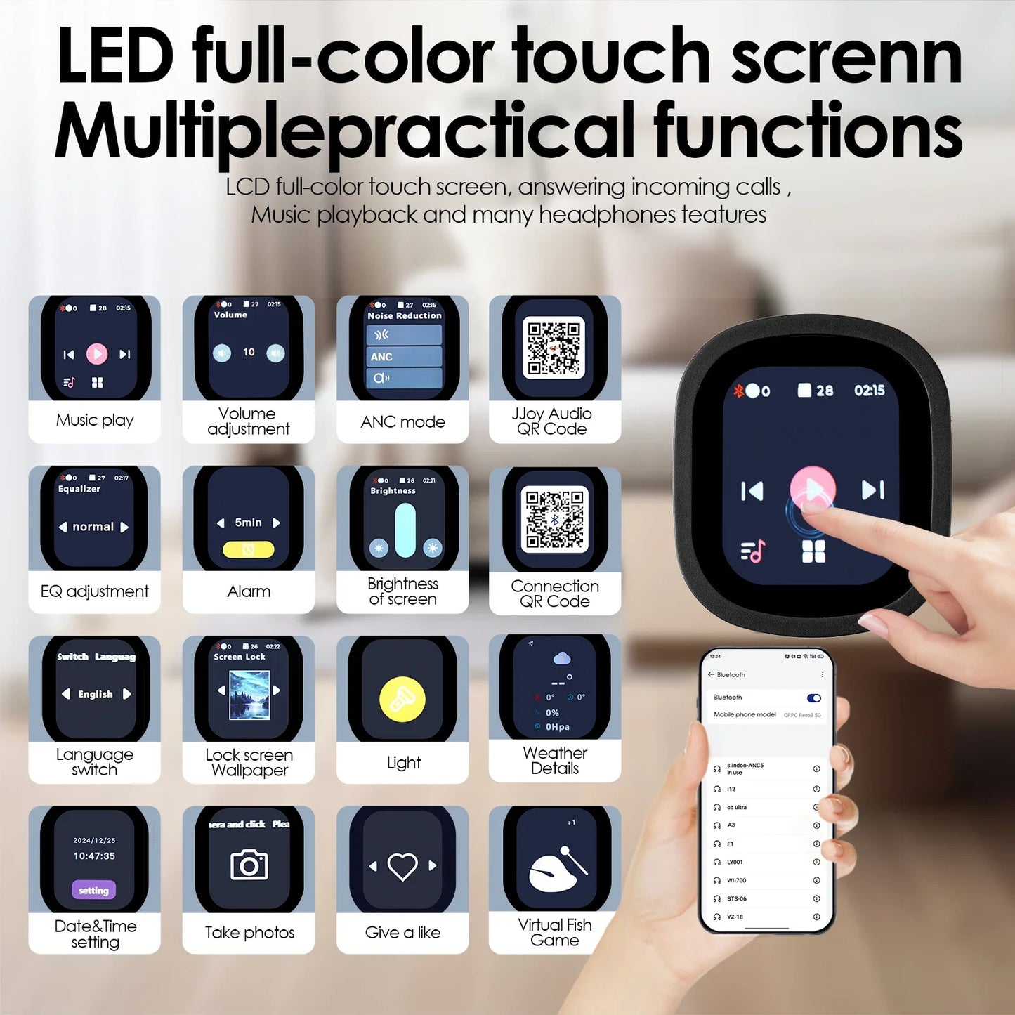 Fone de ouvido sem fio híbrido ANC930Plus com tela LED