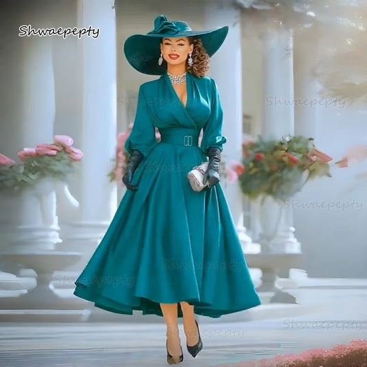 Vestido elegante com decote em V, corte em A