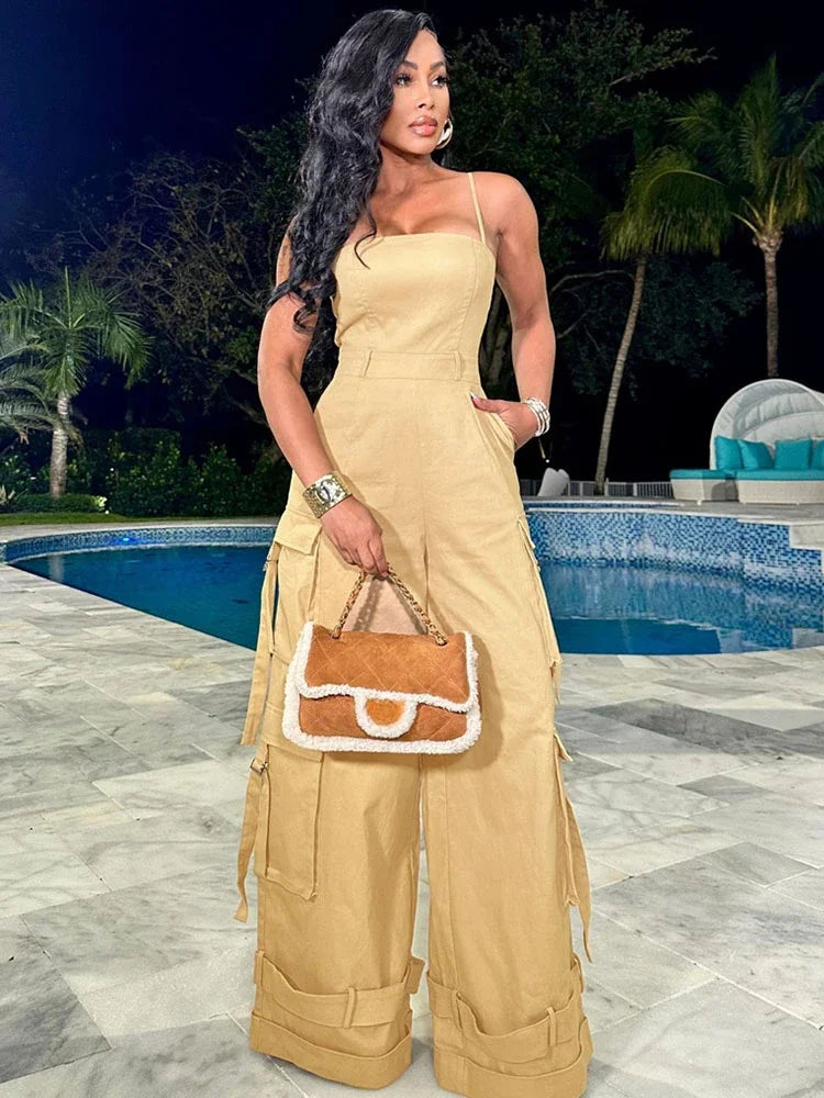 Macacão Feminino Cargo de Verão – Perna Larga, Bolsos e Estilo Casual