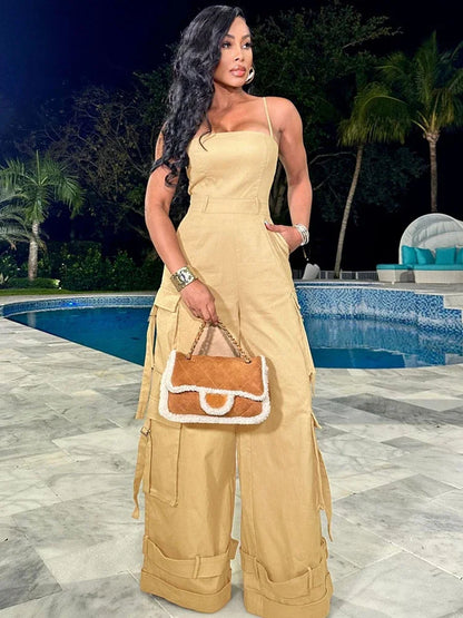 Macacão Feminino Cargo de Verão – Perna Larga, Bolsos e Estilo Casual