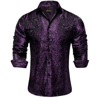 Camisa Masculina Paisley de Manga Longa em Poliéster