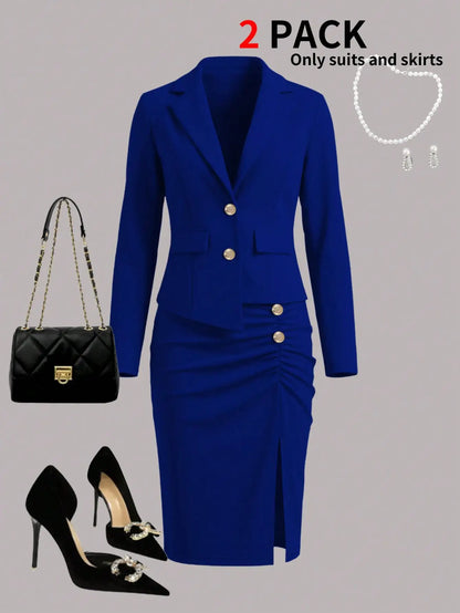 Conjunto elegante de duas peças feminino: blazer acinturado e saia com fenda