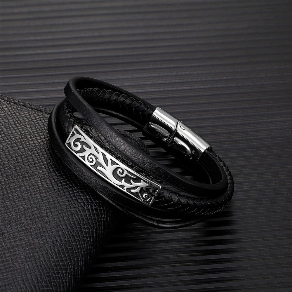 Pulseiras estilo punk viking em pele genuína entrançada