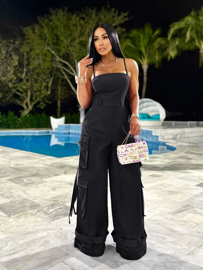 Macacão Feminino de Perna Larga com Bolsos