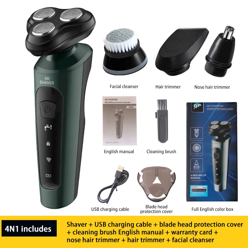 Barbeador Elétrico Masculino 9D Multifuncional – Recarregável e Lavável