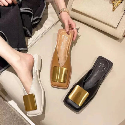 Chinelo Baotou Feminino Verão Retrô com Fivela de Metal