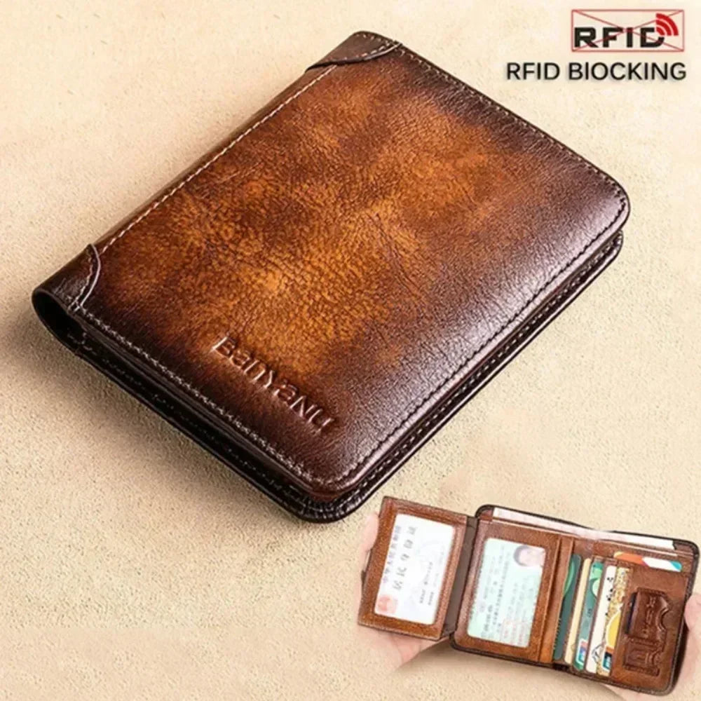 Carteira masculina de couro genuíno com bloqueio RFID
