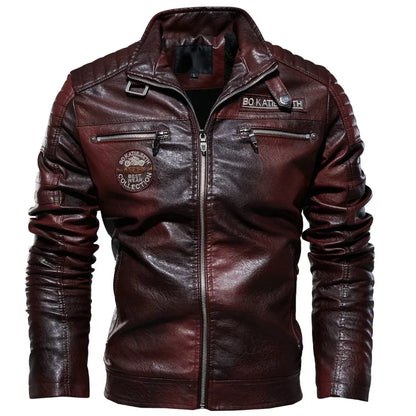 Jaqueta masculina de inverno em lã e couro com gola