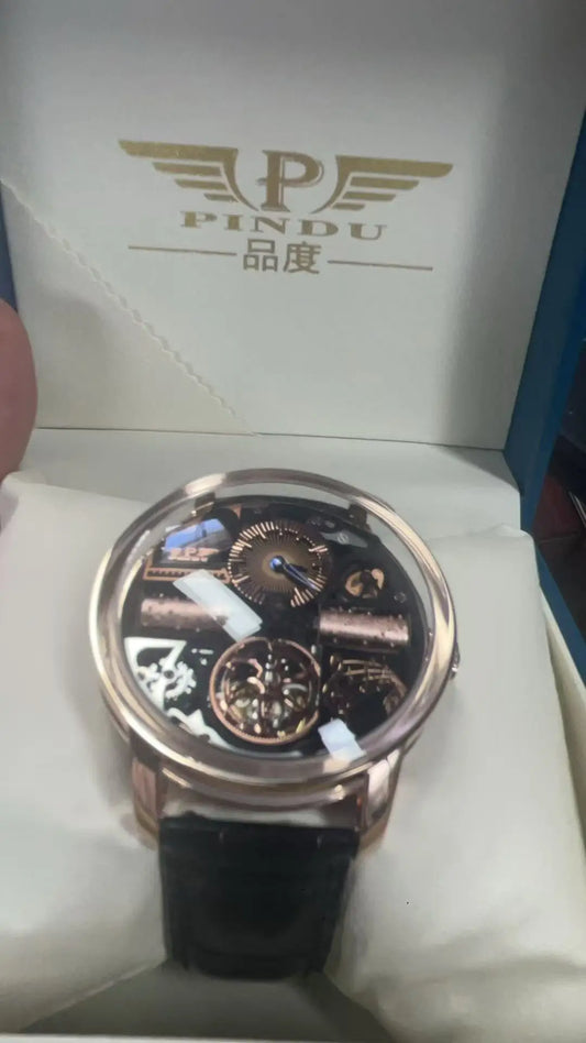 Relógio Mecânico PINDU Masculino em Aço Inoxidável com Cristal de Safira