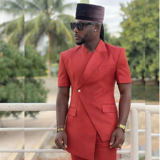 Ternos masculinos de manga curta, um botão, slim fit