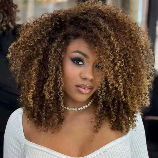 Peruca marrom afro kinky encaracolado