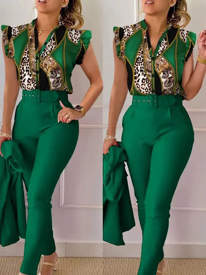 Conjunto primavera/verão com blusa sem mangas estampada com folha de lótus